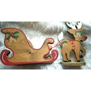 Vintage Wooden Christmas Reindeer & Sleigh Set VTG